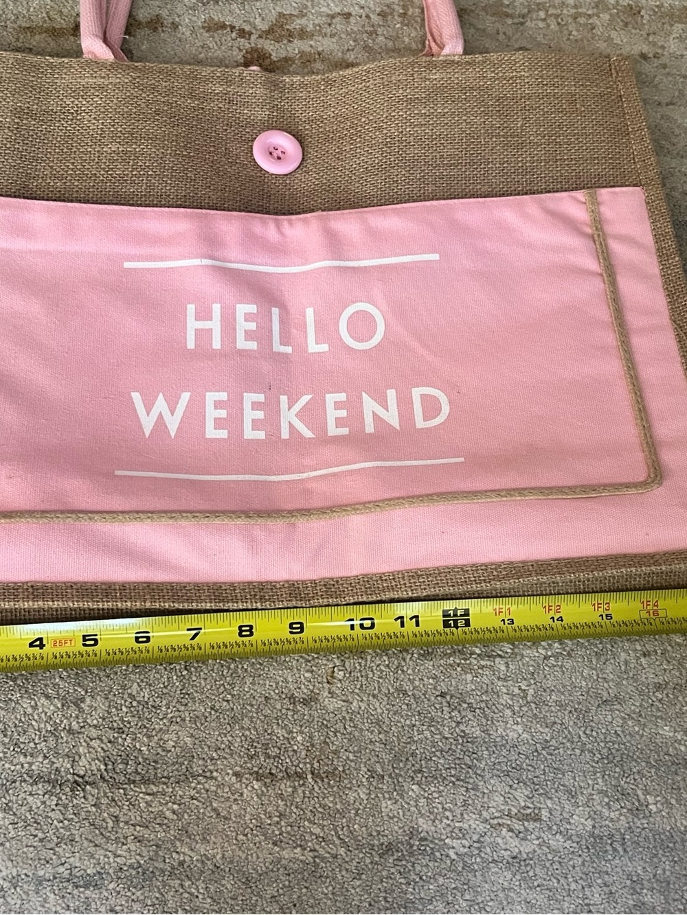 Natural Jute Tote with Pink Handles- Hello Weekend - Picture 5 of 6